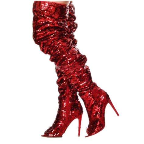 Kinky - Drag Queen Red Sequin Thigh High Boots - Plus Size