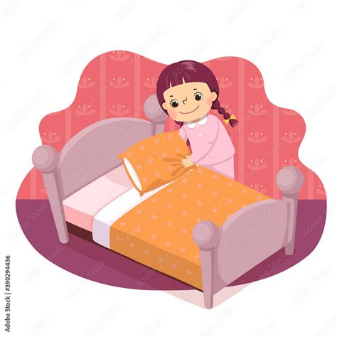 Vector illustration cartoon of a little girl making the bed. Kids doing ...