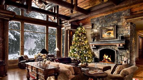 HD Christmas Tree Log Cabin Screensaver Scene - fire crackling sound - Cosy living room Snow ...