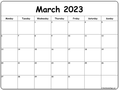 March 2020 Monday Calendar | Monday to Sunday