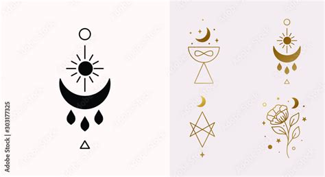 Fototapeta Kwiaty Ethnic Magic and Mystical Logo Set with sun, hexagram ...