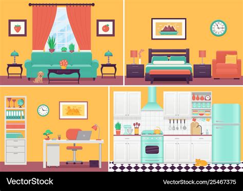 Interior Design Cartoon Images - Cartoon Furniture Illustration Bedroom Interior Modern Vector ...