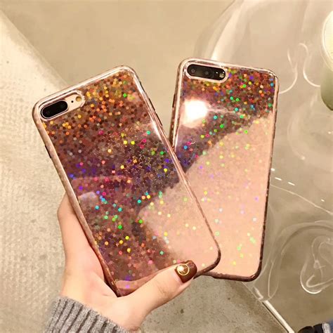 Rose Gold Laser Sequin Phone Case For iphone X 10 iphone 8 Plus Glitter Bling Glossy Cover For ...