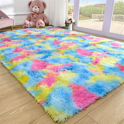 Noahas Soft Fluffy Rainbow Rugs for Girls Bedroom 3x5, Shaggy Kids Playroom Rugs, Colorful Plush ...