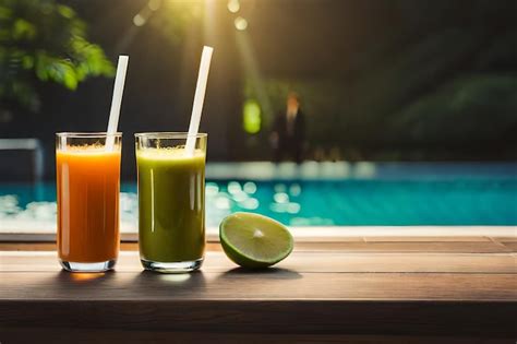 Premium AI Image | drinks by the pool with a lime wedge next to them.