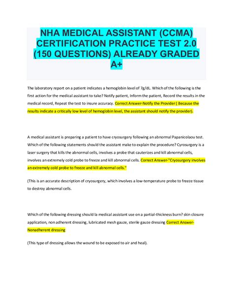 NHA MEDICAL ASSISTANT (CCMA) CERTIFICATION PRACTICE TEST 2.0 (150 QUESTIONS) ALREADY GRADED A+ ...