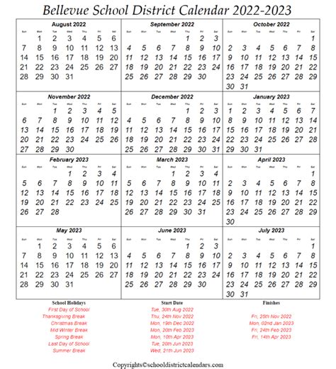 Bellevue School District, Washington Calendar Holidays 2022-2023 School ...