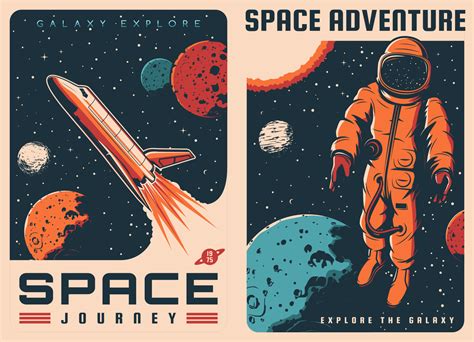 Spaceship, astronaut in outer space retro posters 23844148 Vector Art at Vecteezy