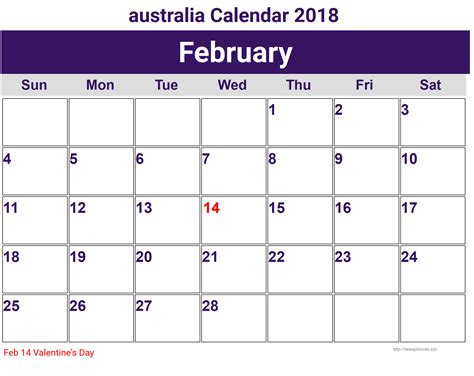 Printable February 2018 Calendar Australia with Holidays | Printable Templates Letter Calendar ...