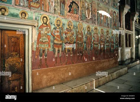 Frescoes or Wall Paintings of Military Saints in Exonarthex or Porch of Main Church at Vatopedi ...