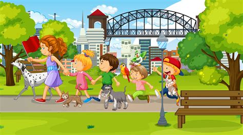 Children walking with their animals at the park 4493393 Vector Art at ...