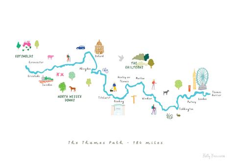 Thames Path River Hiking Route Map Art Print By Holly Francesca