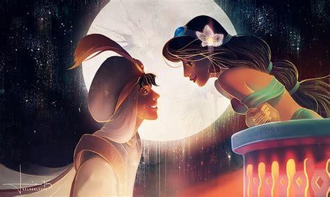 HD wallpaper: Alladin and Jasmine wallpaper, aladdin, moon, sky ...