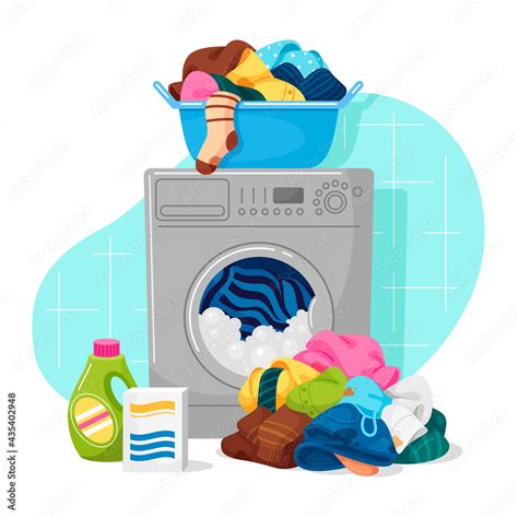 Washing machine dirty linen vector flat cartoon illustration. Household ...