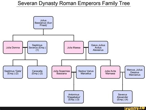 Severan Dynasty Roman Emperors Family Tree Julius Bassianus (Sun Priest) Septimus Gaius Juilius ...