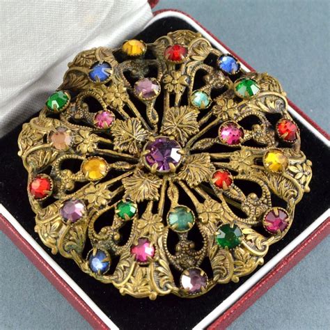 Vintage Brooch Large 1920s Art Deco Multi Colour Crystal & Goldtone Jewellery #Unbranded ...