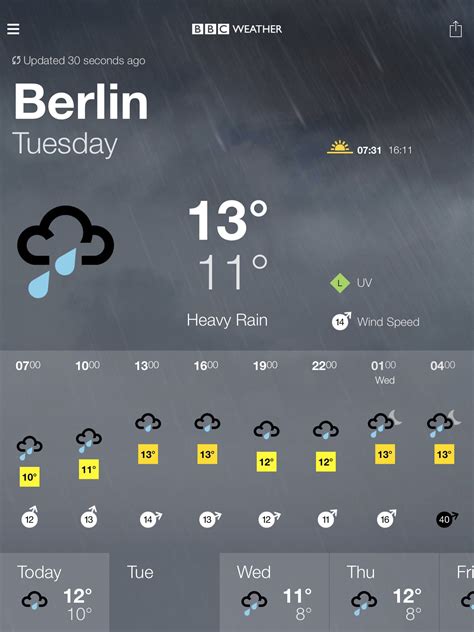 BBC Weather forecast for Berlin, Germany. Tomorrow: Heavy Rain. Max 13 ...