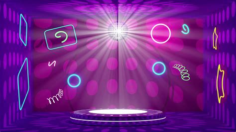 3d cylinder stage podium empty in room with neon, ball disco lights ...