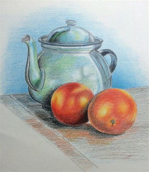 Still Life Original Colored Pencil Drawing "Teapot with fruits ...