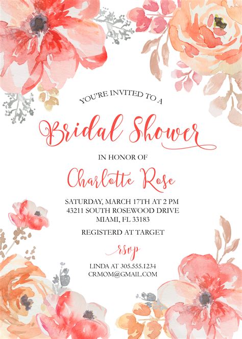 Watercolor Roses Bridal Shower Invitation | Red | Floral | Blush | Stripes · Just Click Print ...