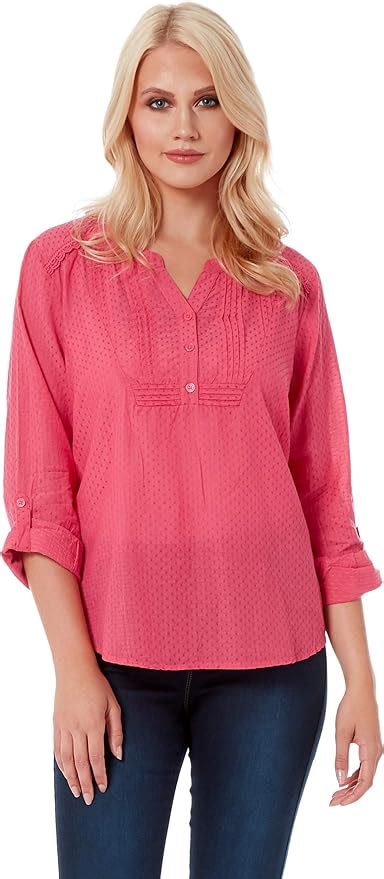 Roman Originals Women Roll Sleeve Cotton Top - Ladies Casual Lightweight Spring Notch Neckline ...