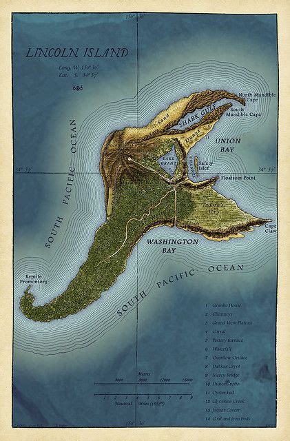 Map of Lincoln Island (Jules Verne's "the Mysterious Island") | Jules ...