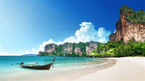 Thailand, 5k, 4k wallpaper, 8k, beach, shore, boat, rocks, travel, tourism (horizontal) | Railay ...