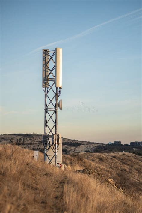 Cell 5G Tower in Mountains, Cellular Base Station with Mobile Antenna Transmits Signals. Stock ...