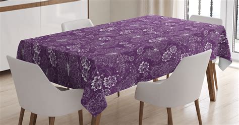 Purple Tablecloth, Floral Pattern with Vintage White Butterflies and Flowers on Violet ...