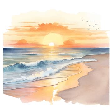 Beach Sunset Watercolor Clipart Ai Generated, Beach, Sunset, Ocean PNG Transparent Image and ...