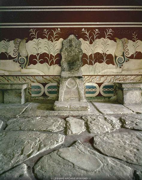 Throne of King Minos in the palace of Knossos, Crete. Alabaster frescoes (late 15th BCE ...