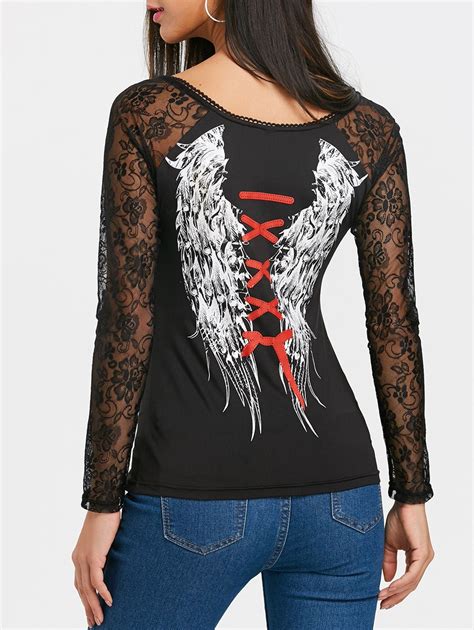 [39% OFF] Angel Wings Print Lace Raglan Sleeve T-shirt | Rosegal