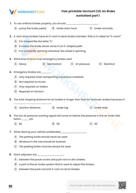 Free printable Vermont CDL Air Brake practice test | Worksheet Zone