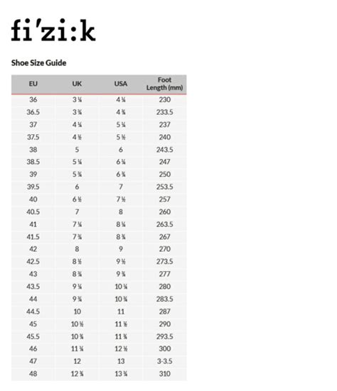 Fizik Road Shoe Size Chart - Greenbushfarm.com