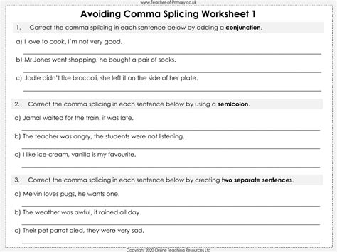 Avoiding Comma Splicing - Worksheet | English Year 3 - Worksheets Library