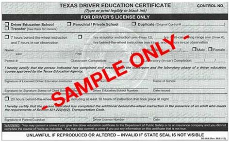 Texas Driver Education Certificate DE-964 - Parent Taught Course