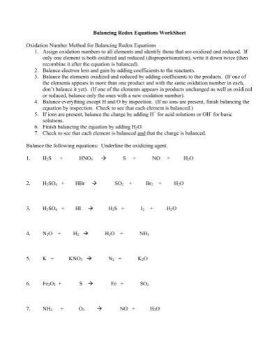 Balancing Redox Equations WorkSheet - kurtniedenzu