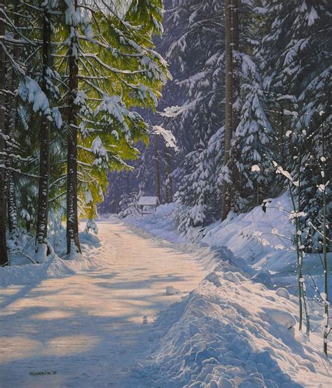 A walk through the snowy forest Oil painting by Mlynarcik Emil | Artfinder