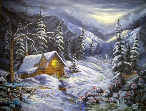 Log Cabin in the winter wonderland // Photo via web.... | Farm scene art, Winter art, Winter cabin