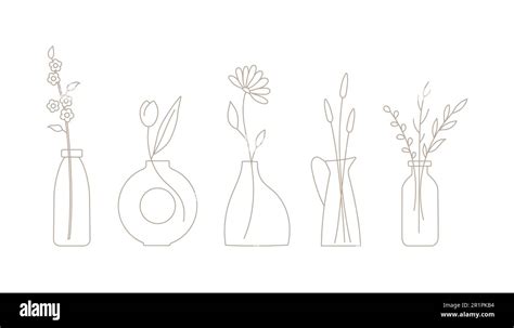 Set of outline flowers, twigs in ceramic vases. Bouquet vector illustration for card, story, web ...