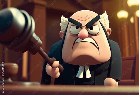 Cartoon character judge with a judge gavel in courtroom. Angry cartoon ...