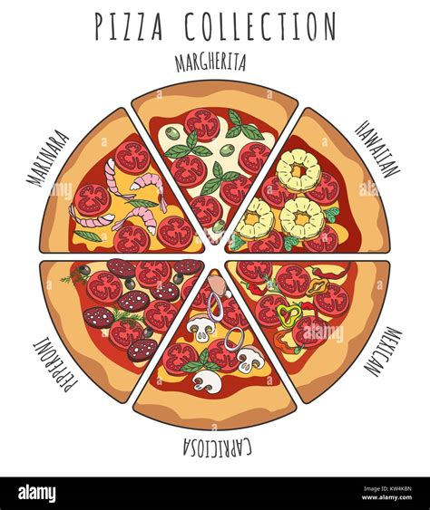 Pizza slice collection. Margherita and pepperoni, hawaiian and mexican, marinara and capriciosa ...