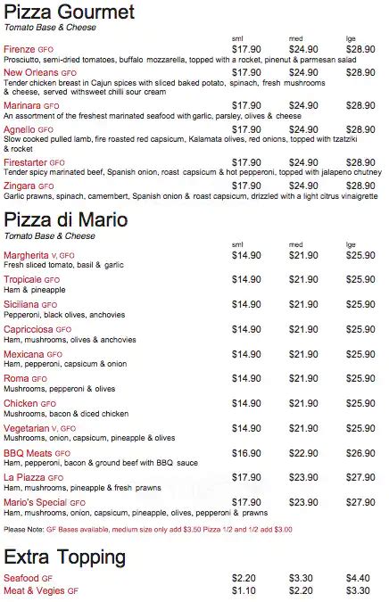 Menu at Marios Italian Restaurant, Broadbeach, Oasis Shopping Centre