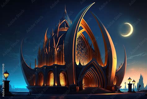 Stunning architectural structure at night with lighting. Generative AI Stock Illustration ...