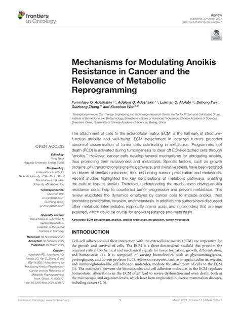 (PDF) Mechanisms for Modulating Anoikis Resistance in Cancer and the Relevance of Metabolic ...