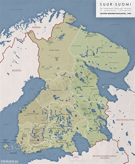 Suur-Suomen kartta, sen maakunnat, kaupungit, rataverkko ja sotavoimien ...