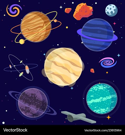 Set of cartoon planets and space elements Vector Image