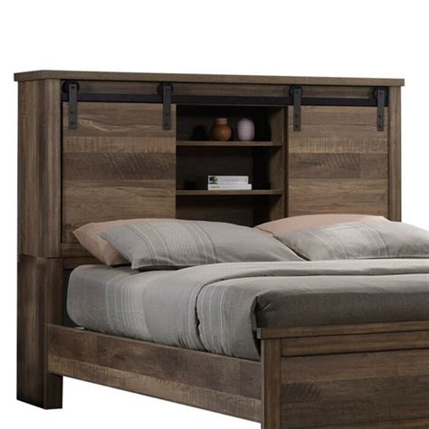 Loon Peak® King Bookcase Headboard With 2 Sliding Barn Doors, Rustic Brown | Wayfair