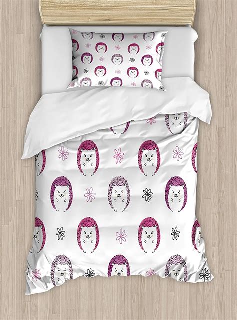 Hedgehog Duvet Cover Set Colorful Spiky Animals with Cute Faces Doodle ...