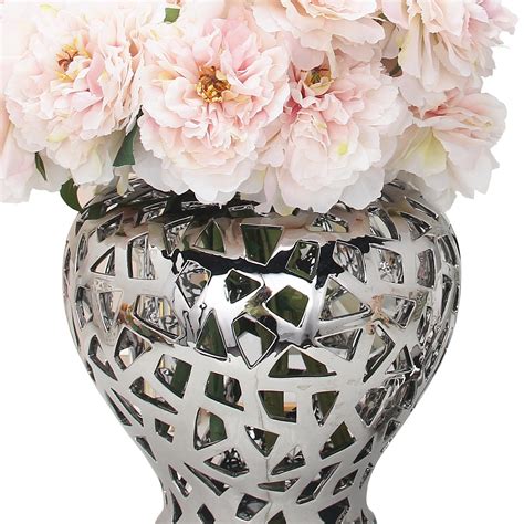 Silver Ceramic Ginger Jar Vase with Decorative Design